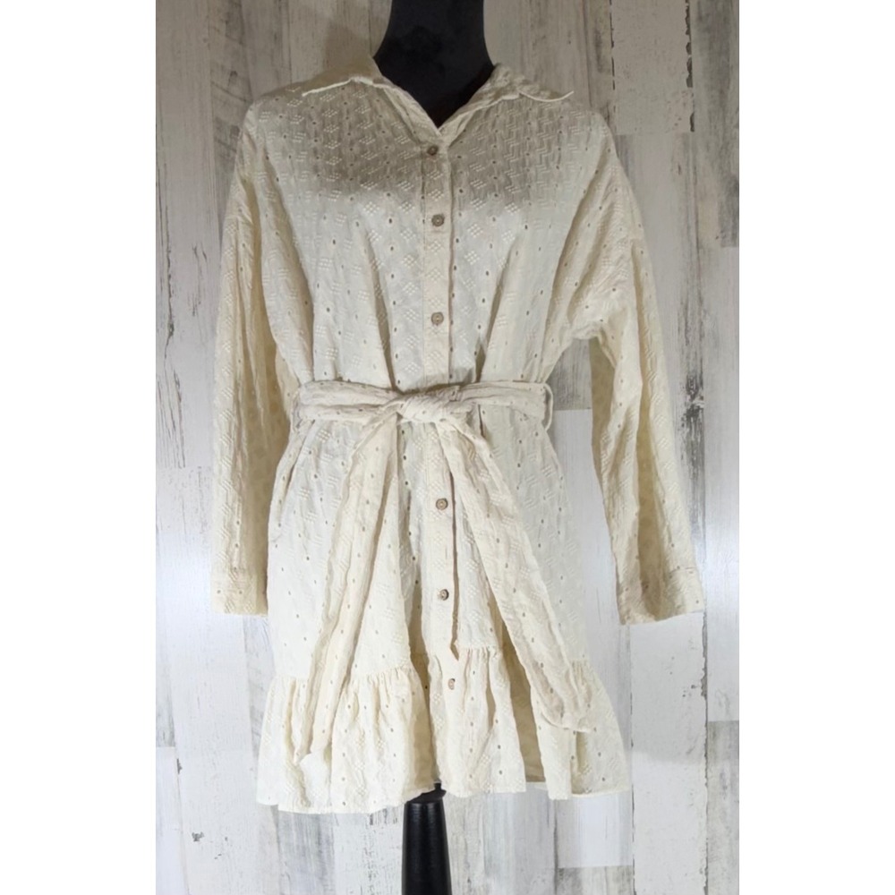 Zara Belted Shirt Dress XL Cream Eyelet Cotton Long Sleeve Ruffle Hem READ